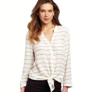 Joie Edaline White & Beige Rope Print Silk Long Sleeve Blouse XS